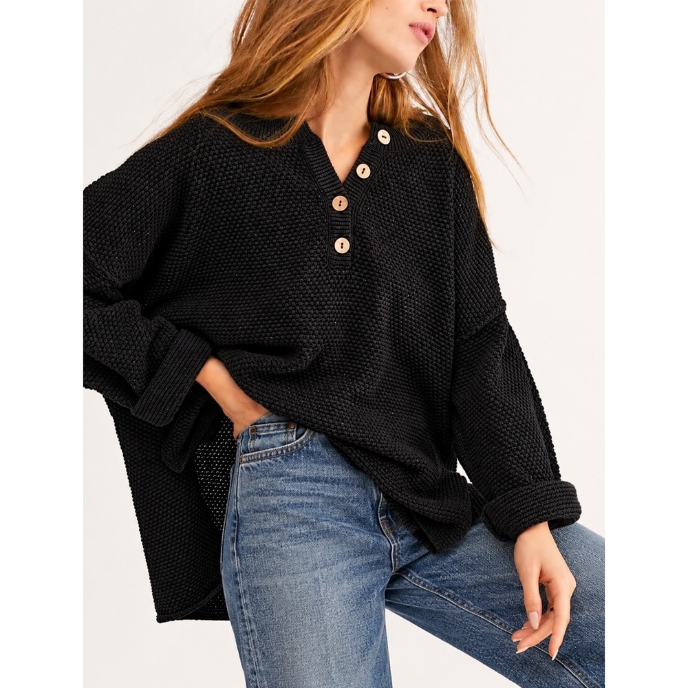 Free People Beach Oversized Waffle Knit Hailee Henley Sweater Large Black